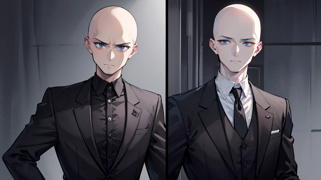 a man in a black suit,eyes browns, baldie,without hair and without beard or mustache looking like a bad psychopath,I repeat no blue eyes,I want DARK BROWN EYES