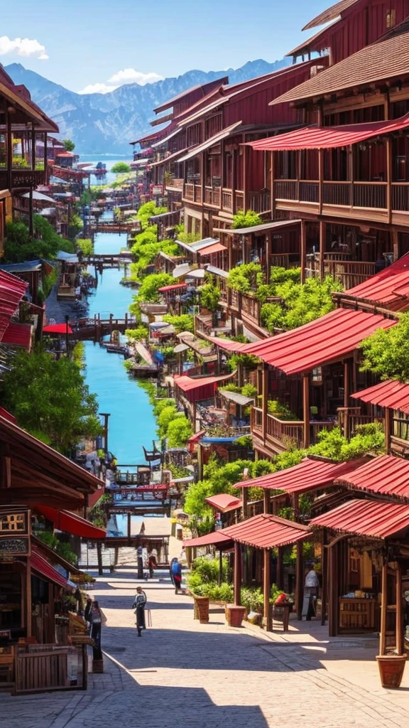 The old West, a market in an isekai-type town with castles on floating islands.
crimson red color