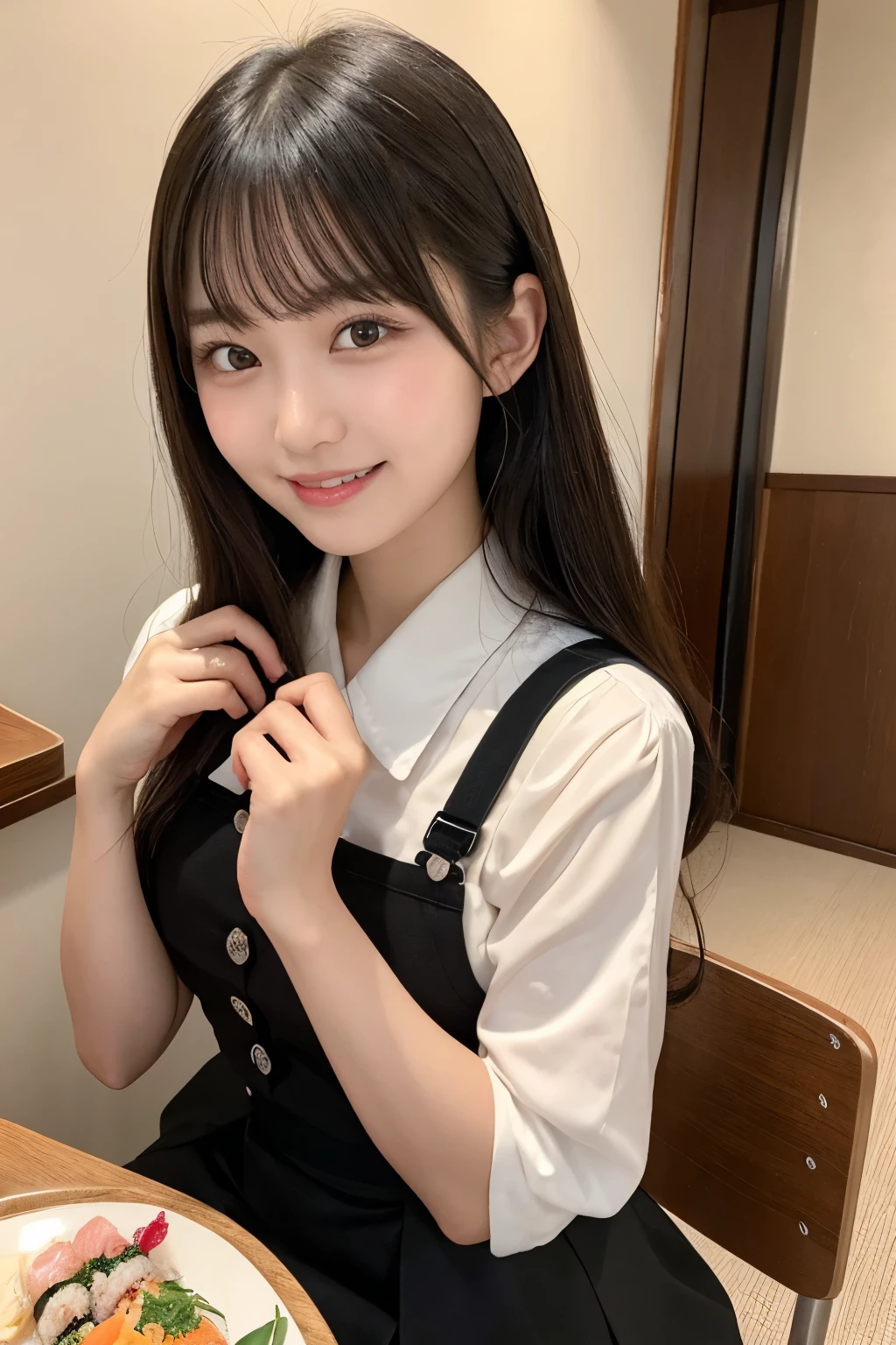 A captivating photograph of an exquisitely beautiful Japanese high school girl, showcasing a perfectly arranged sushi plate on a traditional wooden platter. The image was skillfully captured using an iPhone 8, emulating the popular Instagram aesthetic. Her long, lustrous black hair cascades down, veiling her eyes with delicate bangs. She wears a charming skirt outfit, sitting comfortably at a tastefully adorned table. Her radiant smile beams towards the camera, exuding an irresistible charm. The image, bursting with vibrancy and detail, was proudly shared on Reddit in the year 2019.