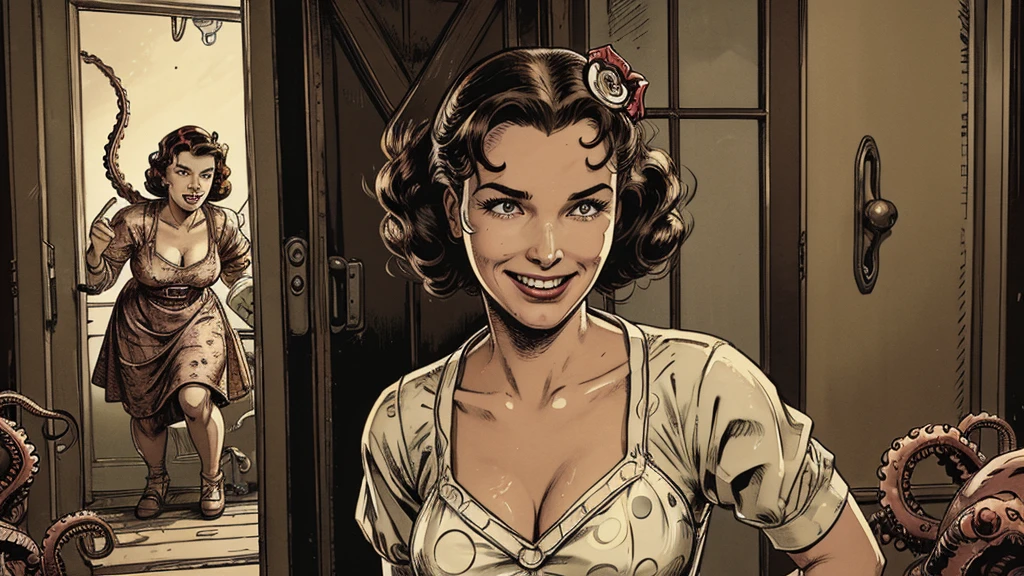 The vintage advertisement appears to celebrate 1950s domesticity at first glance. In the foreground, a smiling housewife poses holding a vintage vacuum, embodying the can-do attitude of the era's homemakers. She wears a classic polka-dot dress with a modest sweetheart neckline that hints at her shapely figure. Perfectly coiffed brunette curls frame her made-up face.
However, a closer look reveals a darker, sinister presence. Looming behind the housewife, visible through the open doorway of her cheerful kitchen, is the unmistakable form of a grotesque, multi-tentacled monster straight out of a sci-fi horror tale. Tentacled monster, tentacled monster, tentacled monster, tentacled monster.
The creature's putrid, gelatinous flesh seems to slough from its pulsating form, already staining the cheerful checkerboard tiles. Countless grotesque appendages whip through the air, knocking over cherry-red kitchen accessories. One deformed tentacle, lined with rows of serrated fangs, creeps ever closer to the oblivious housewife.
But the homemaker's plastic smile remains unwavering, her upbeat pose entirely at odds with the literal kitchen nightmare unfolding behind her. The vacuum she holds looks comically inadequate against the spawning abomination.
The bold text overlay reads: "With Maybelle's, Even Cosmic Horrors Are No Match for a Housewife's Gumption!" The tagline jarringly combines the idyllic 1950s household with a hint of schlocky, drive-in movie camp.
Blending the saccharine-sweet feminine ideals of the era with a full-blown sci-fi monster invasion, the advertisement presents a deliriously incongruous juxtaposition of prim domesticity and terrifying, tentacled chaos.
