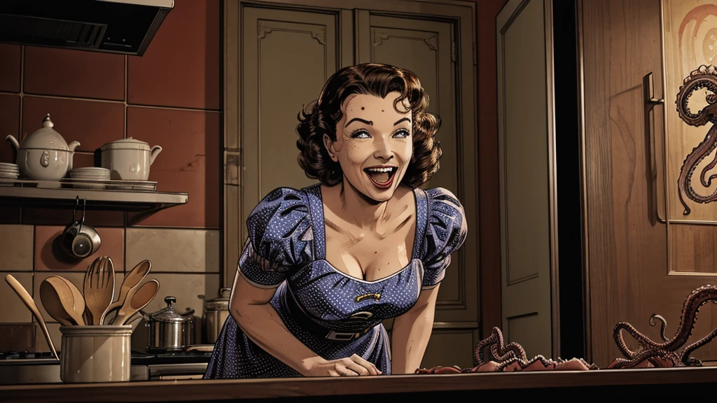 The vintage advertisement appears to celebrate 1950s domesticity at first glance. In the foreground, a smiling housewife poses holding a vintage vacuum, embodying the can-do attitude of the era's homemakers. She wears a classic polka-dot dress with a modest sweetheart neckline that hints at her shapely figure. Perfectly coiffed brunette curls frame her made-up face.
However, a closer look reveals a darker, sinister presence. Looming behind the housewife, visible through the open doorway of her cheerful kitchen, is the unmistakable form of a grotesque, multi-tentacled monster straight out of a sci-fi horror tale. Tentacled monster, tentacled monster, tentacled monster, tentacled monster.
The creature's putrid, gelatinous flesh seems to slough from its pulsating form, already staining the cheerful checkerboard tiles. Countless grotesque appendages whip through the air, knocking over cherry-red kitchen accessories. One deformed tentacle, lined with rows of serrated fangs, creeps ever closer to the oblivious housewife.
But the homemaker's plastic smile remains unwavering, her upbeat pose entirely at odds with the literal kitchen nightmare unfolding behind her. The vacuum she holds looks comically inadequate against the spawning abomination.
The bold text overlay reads: "With Maybelle's, Even Cosmic Horrors Are No Match for a Housewife's Gumption!" The tagline jarringly combines the idyllic 1950s household with a hint of schlocky, drive-in movie camp.
Blending the saccharine-sweet feminine ideals of the era with a full-blown sci-fi monster invasion, the advertisement presents a deliriously incongruous juxtaposition of prim domesticity and terrifying, tentacled chaos.