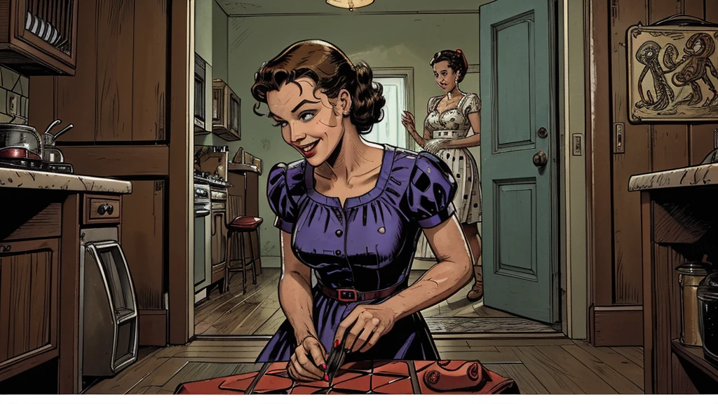 The vintage advertisement appears to celebrate 1950s domesticity at first glance. In the foreground, a smiling housewife poses holding a vintage vacuum, embodying the can-do attitude of the era's homemakers. She wears a classic polka-dot dress with a modest sweetheart neckline that hints at her shapely figure. Perfectly coiffed brunette curls frame her made-up face.
However, a closer look reveals a darker, sinister presence. Looming behind the housewife, visible through the open doorway of her cheerful kitchen, is the unmistakable form of a grotesque, multi-tentacled monster straight out of a sci-fi horror tale. Tentacled monster, tentacled monster, tentacled monster, tentacled monster.
The creature's putrid, gelatinous flesh seems to slough from its pulsating form, already staining the cheerful checkerboard tiles. Countless grotesque appendages whip through the air, knocking over cherry-red kitchen accessories. One deformed tentacle, lined with rows of serrated fangs, creeps ever closer to the oblivious housewife.
But the homemaker's plastic smile remains unwavering, her upbeat pose entirely at odds with the literal kitchen nightmare unfolding behind her. The vacuum she holds looks comically inadequate against the spawning abomination.
The bold text overlay reads: "With Maybelle's, Even Cosmic Horrors Are No Match for a Housewife's Gumption!" The tagline jarringly combines the idyllic 1950s household with a hint of schlocky, drive-in movie camp.
Blending the saccharine-sweet feminine ideals of the era with a full-blown sci-fi monster invasion, the advertisement presents a deliriously incongruous juxtaposition of prim domesticity and terrifying, tentacled chaos.