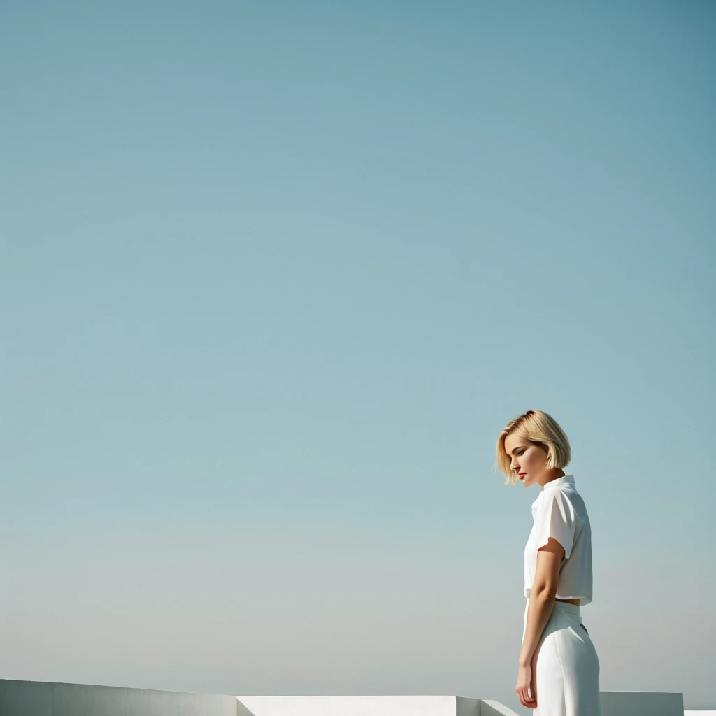 a beautiful short blonde hair women stands the background of a minimalist beautiful white architecture 