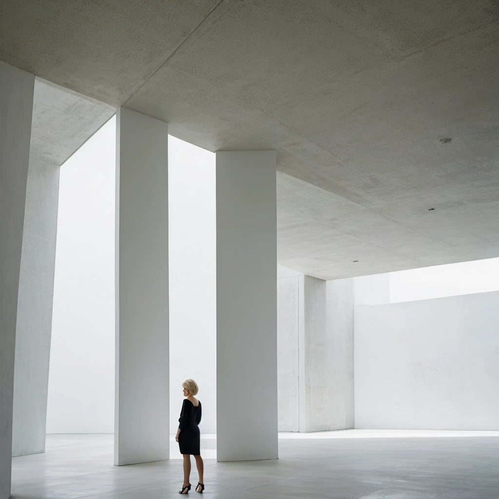 a beautiful short blonde hair women stands the background of a minimalist beautiful white architecture 