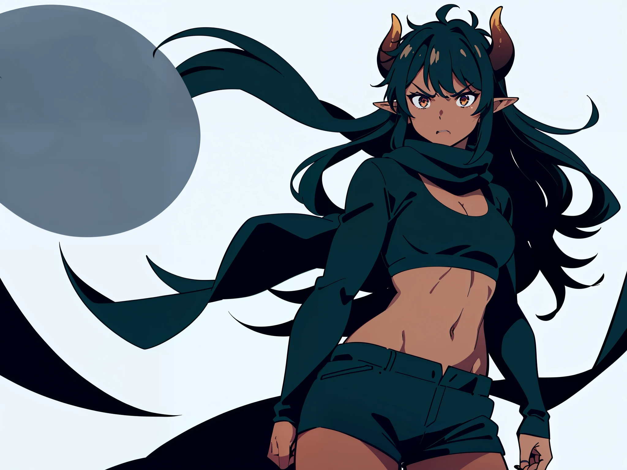 best quality solo girl simple background full body standing muscular girl black hair yellow eyes pale skin sad frown