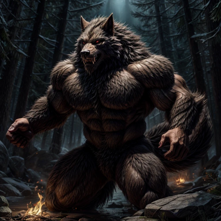 Make the black-furred muscular werewolf monster