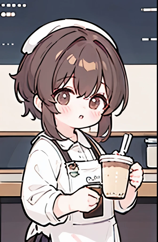 fast food worker, cooking milktea, brown hair,