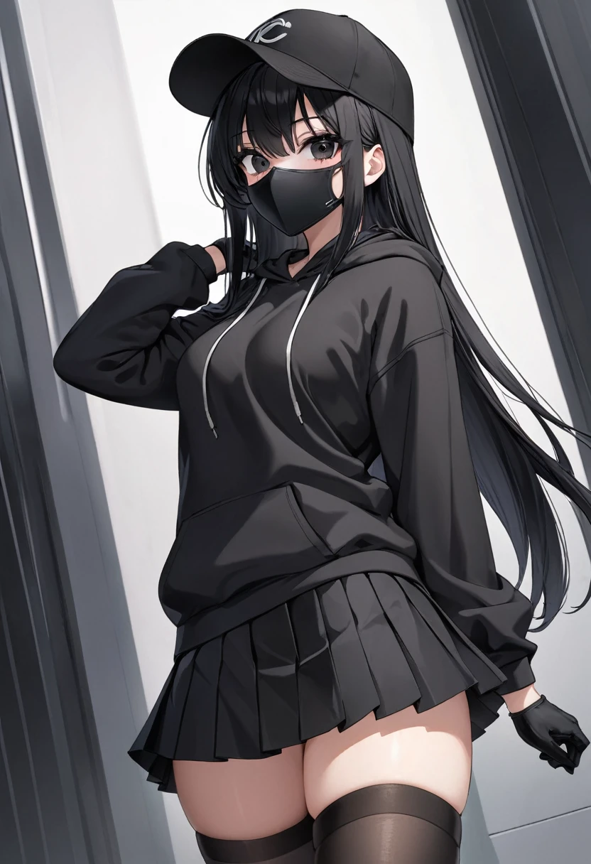 Black miniskirt , Black sneakers , Black hoodie , pleated skirt , whole body , thighs , black hair , black eyes , straight hair , black ball cap , long sleeves , stockings , close up , Black gloves , black mask