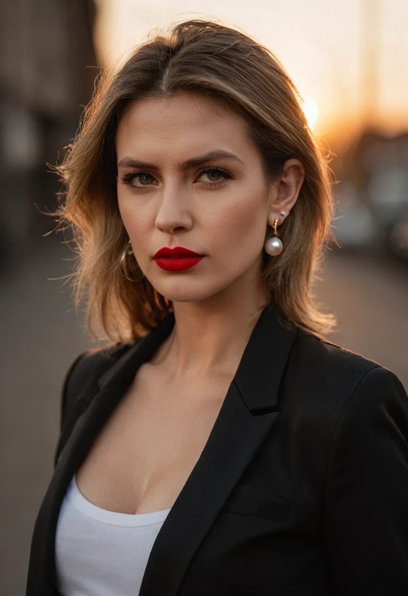 color digital photograph of Lucie Prochazka a woman from czech republic wearing (a black blazer), (a white t-shirt), (black skinny jeans), (black ankle boots), (pearl earrings), (red lipstick), and Slingbacks shoes shot on Nikon Z9 by Denis Karasev, 26 years old, long hair, tiny figure, promoting body positivity, small breasts, feeling (feeling Hate, Intense, Hostile, Aversion, Anger, Resentment, Disgust, Animosity, Hostility, Loathing, Malice, face: Scowl, Frown, Glare, Narrowed Eyes, Sneer, Lip Curl, Tense Jaw, Raised Eyebrows, Cold Stare, Contempt), at golden hour,full body, masterpiece, natural lighting, (outdoor setting:1.2), warm tones, side lighting, natural skin details, 4k, UHD, masterpiece, detailed eyes, detailed face, detailed skin, perfect hands, perfect feets, photo, high skin detail, moles, imperfect skin, ultra realism, RAW photo, subsurface scattering