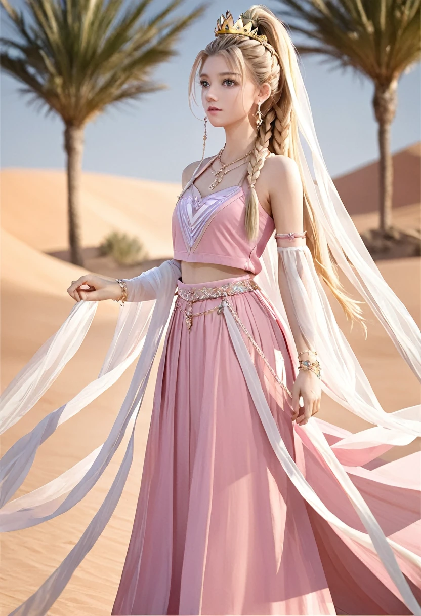 1girl, solo, jewelry, long_hair, braid, dress, earrings, armlet, from_side, bracelet, blonde_hair, blurry_background, blurry, desert, pink_dress, upper_body, crown, bare_shoulders, braided_ponytail, breasts, closed_mouth