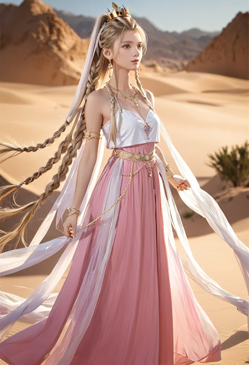 1girl, solo, jewelry, long_hair, braid, dress, earrings, armlet, from_side, bracelet, blonde_hair, blurry_background, blurry, desert, pink_dress, upper_body, crown, bare_shoulders, braided_ponytail, breasts, closed_mouth