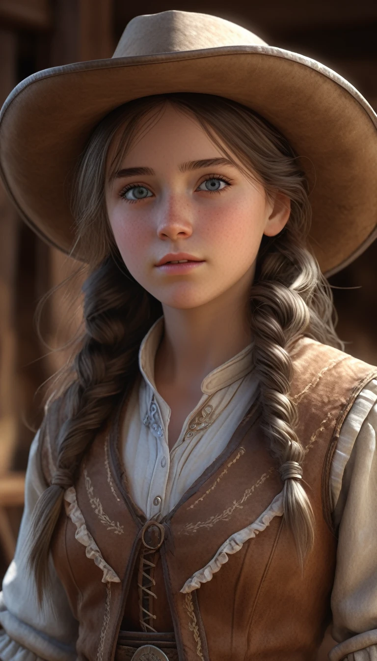 Hyper Realistic 1girl in Old West Clothing, Fantasy Art, Photorealistic, Dynamic Lighting, Artstation, Highly Detailed Face, 4K, Award Winning,