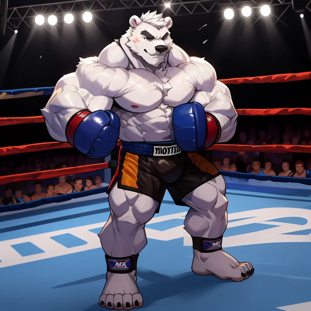solo, 1boy, Huge Muscular White Polar Bear, huge white fur, pectoral, huge pectoral, wide pectoral, short white hair, raven black colored Essential MMA Ranking Shorts Boxing MMA Muay Thai Kickboxing with a blue waist, blue-colored century solid mma open palm gloves, black toeless foot grips and shirtless and topless, white bearded, white Mustache, white fur, black eyebrows, kickboxing MMA fighting arena background, masterpiece, high detailed, 8k, high resolution, at the caged ring arena, kicking and punching,