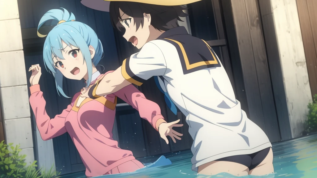 The slender Megumi and the aquatic Aqua, characters from the anime «Konosuba», joyously extend their arms and rush towards each other in a masterpiece of cinematography.