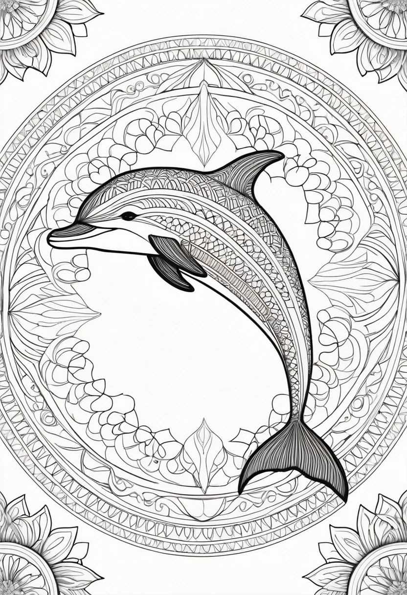 A striking black and white line art coloring page designed for adults with white background, featuring a majestic dolphin in a mandala-inspired style. The dolphin is adorned with intricate patterns that include floral and geometric designs, making it an engaging and detailed work of art. The illustration focuses on crisp, clean lines and bold outlines, without any shading or color, allowing the user to bring their own vibrancy to the piece. The minimalistic design, with its thick lines and absence of background details, creates a soothing coloring experience for adults seeking calming and creative activities. illustration