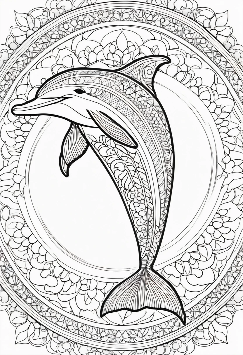 A striking black and white line art coloring page designed for adults with white background, featuring a majestic dolphin in a mandala-inspired style. The dolphin is adorned with intricate patterns that include floral and geometric designs, making it an engaging and detailed work of art. The illustration focuses on crisp, clean lines and bold outlines, without any shading or color, allowing the user to bring their own vibrancy to the piece. The minimalistic design, with its thick lines and absence of background details, creates a soothing coloring experience for adults seeking calming and creative activities. illustration