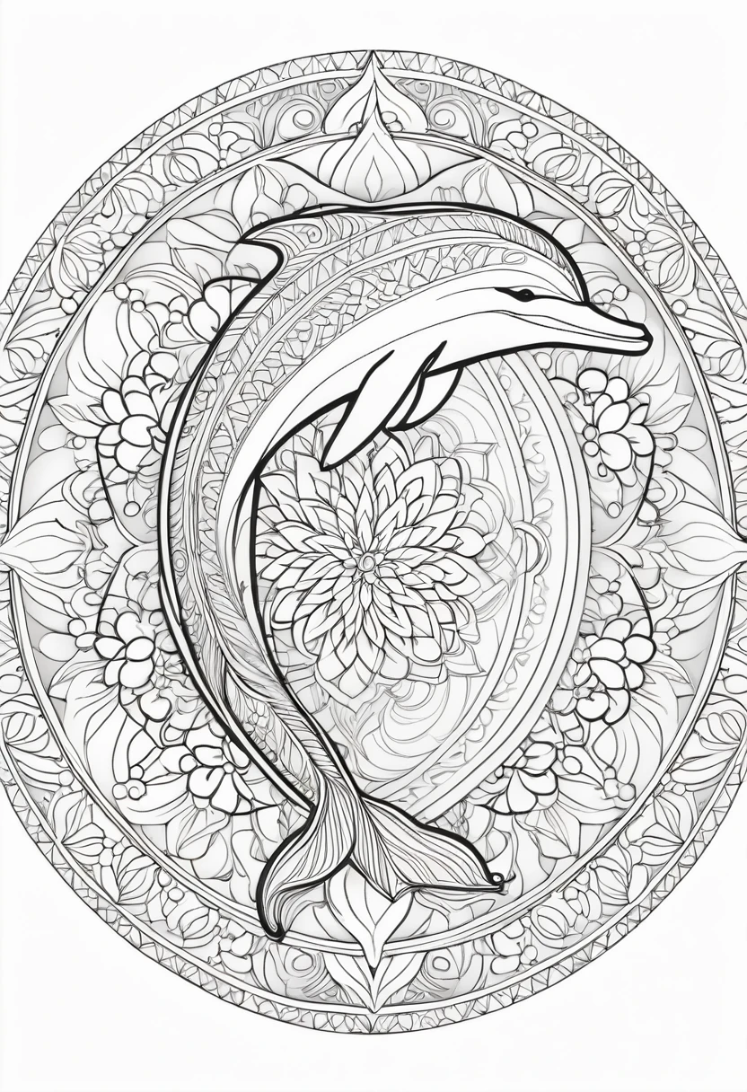A striking black and white line art coloring page designed for adults with white background, featuring a majestic dolphin in a mandala-inspired style. The dolphin is adorned with intricate patterns that include floral and geometric designs, making it an engaging and detailed work of art. The illustration focuses on crisp, clean lines and bold outlines, without any shading or color, allowing the user to bring their own vibrancy to the piece. The minimalistic design, with its thick lines and absence of background details, creates a soothing coloring experience for adults seeking calming and creative activities. illustration