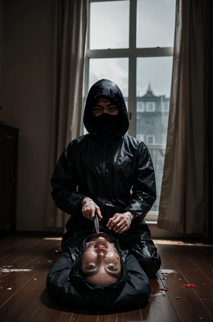 korean girl, (behind corpse, surgical mask), multiple girls, holding knife, stabbing, black raincoat, black gloves, hood up, room full of blood, black wet suit, holding knife, black gloves, behind corpse, blood splatter, short hair, night, mass murderer, robbery, in the hotel, light from the window, dark atmosphere, cinematic lighting, atmospheric realistic, 
