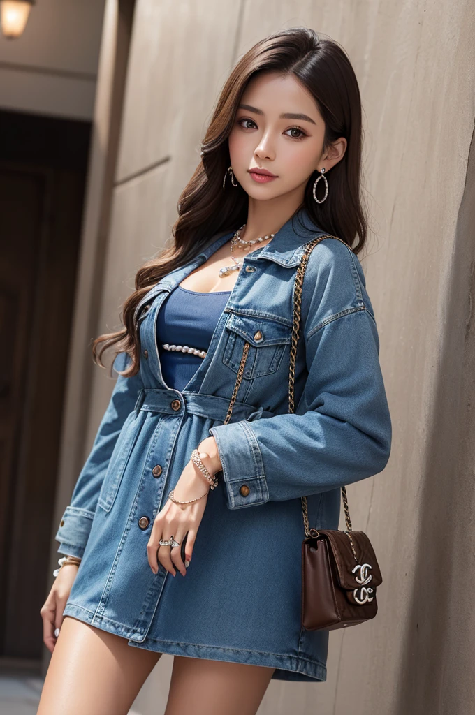  lowrise, brown-skinned,  brown eyed, in blue dress  , denim coat,  heart bracelet, pearl earrings , chanel bag 