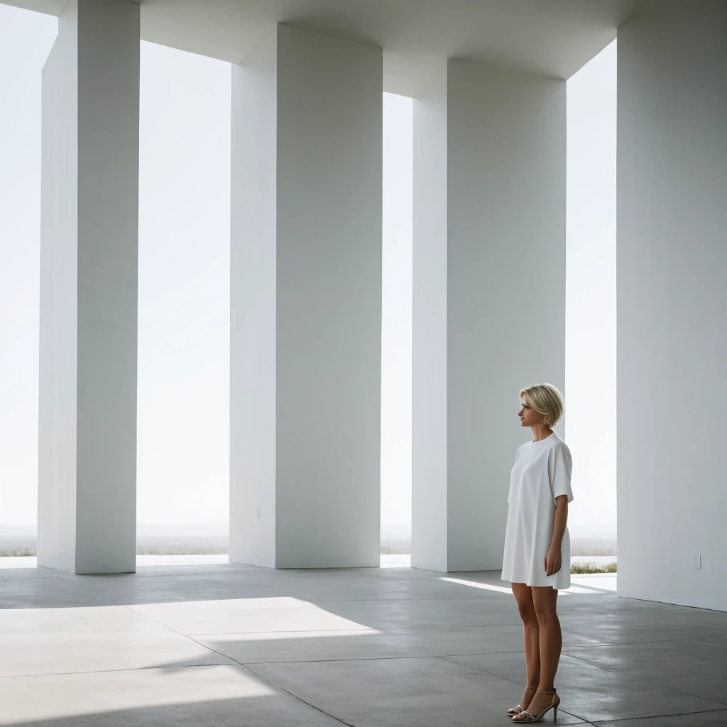 a beautiful short blonde hair women stands the background of a minimalist beautiful white architecture 
