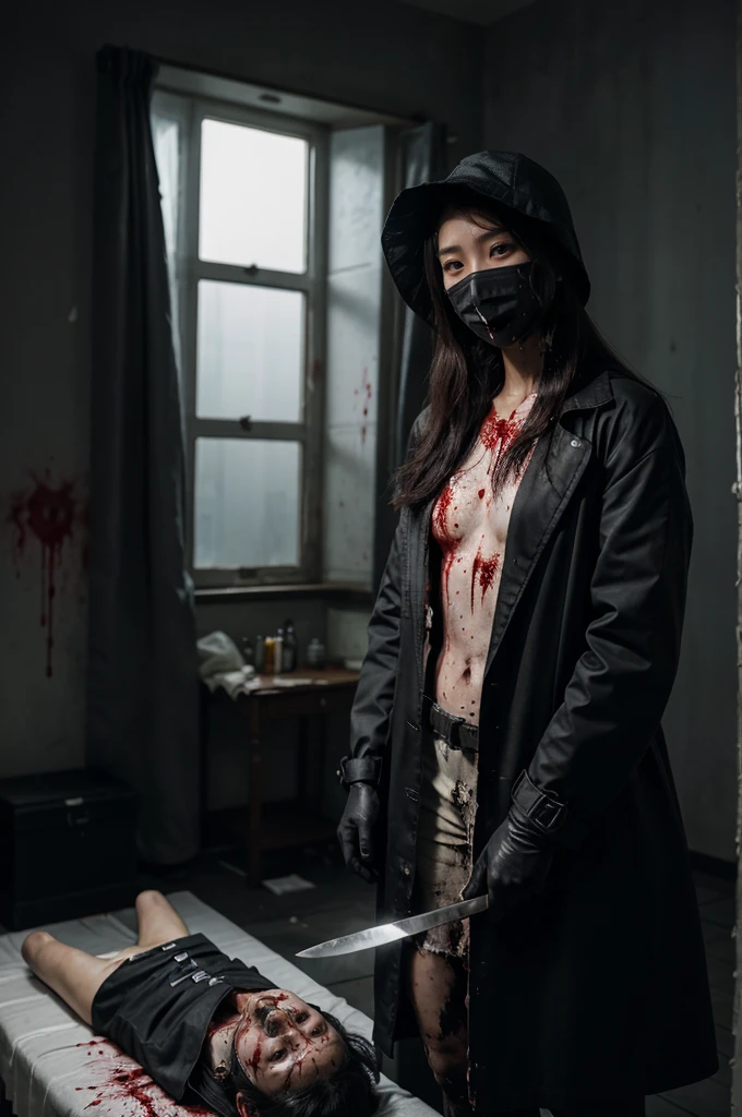 korean naked girl, (behind corpse, surgical mask), holding knife, stabbing, black leather gloves, room full of blood, black trench coat, bucket hat, torture chamber, holding knife, black gloves, behind corpse, blood splatter, very long hair, night, mass murderer, robbery, dark atmosphere, cinematic lighting, atmospheric realistic,