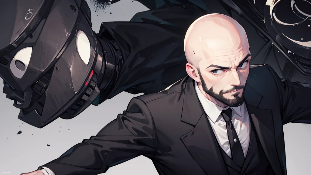 Bald man,sem beard,black eyes,Black Suit