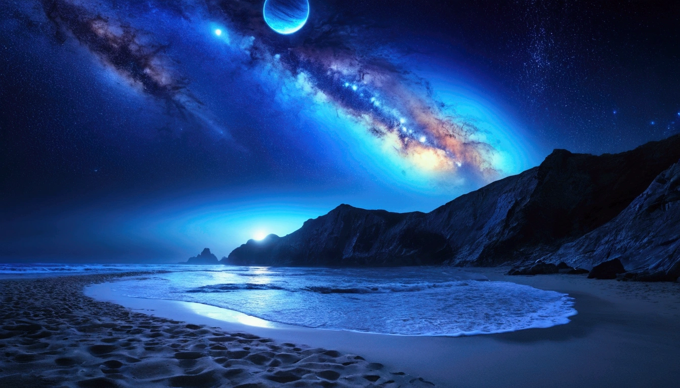 Giant planets, night, Starry Sky, Surrealism, Tabletop, High resolution、Impressive Milky Way:1.9、Sandy Beach、Vast blue ocean、Blue Wave、Blue Glacier、lightning:1.9、Protoplanet、Pure beauty