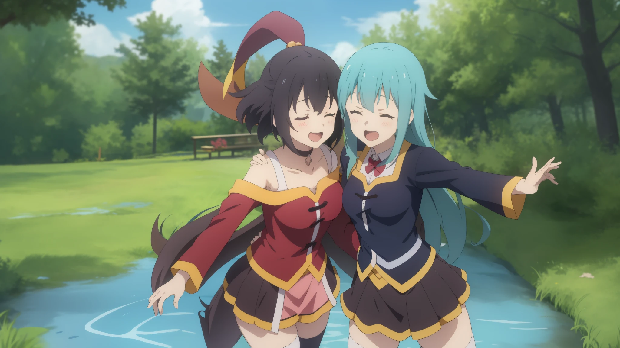 The slender Megumi and the aquatic Aqua, characters from the anime «Konosuba», joyously extend their arms and rush towards each other in a masterpiece of cinematography.