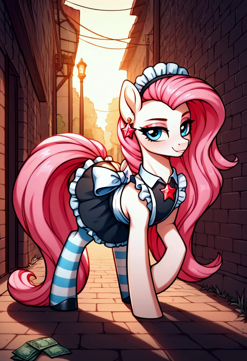 score_9,score_8_up,score_7_up,score_6_up, ((my little pony)), radiant lighting, vibrant colors, whimsical atmosphere, 8K, high resolution, highly detailed, masterpiece, ((brightness white body)), blue eyes, (maid costume), striped stockings, star pendant, earrings, eyeshadow, (very long pink hair:1.3), (((a prostitute tries to lure her with her body for sex:1.4)))
