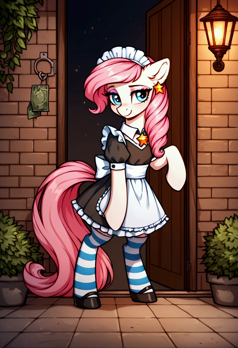 score_9,score_8_up,score_7_up,score_6_up, ((my little pony)), radiant lighting, vibrant colors, whimsical atmosphere, 8K, high resolution, highly detailed, masterpiece, ((brightness white body)), blue eyes, (maid costume), striped stockings, star pendant, earrings, eyeshadow, (very long pink hair:1.3), (((a prostitute tries to lure her with her body for sex:1.4)))