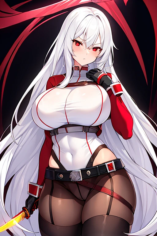 1girl, white hair, long hair, red eyes, serious, glowing eyes, large breasts, thick thighs, mature female, athletic female, toned, leotard, black leotard, thighhighs, belt, knife, knifes, pantyhose, ((belt)), black pantyhose