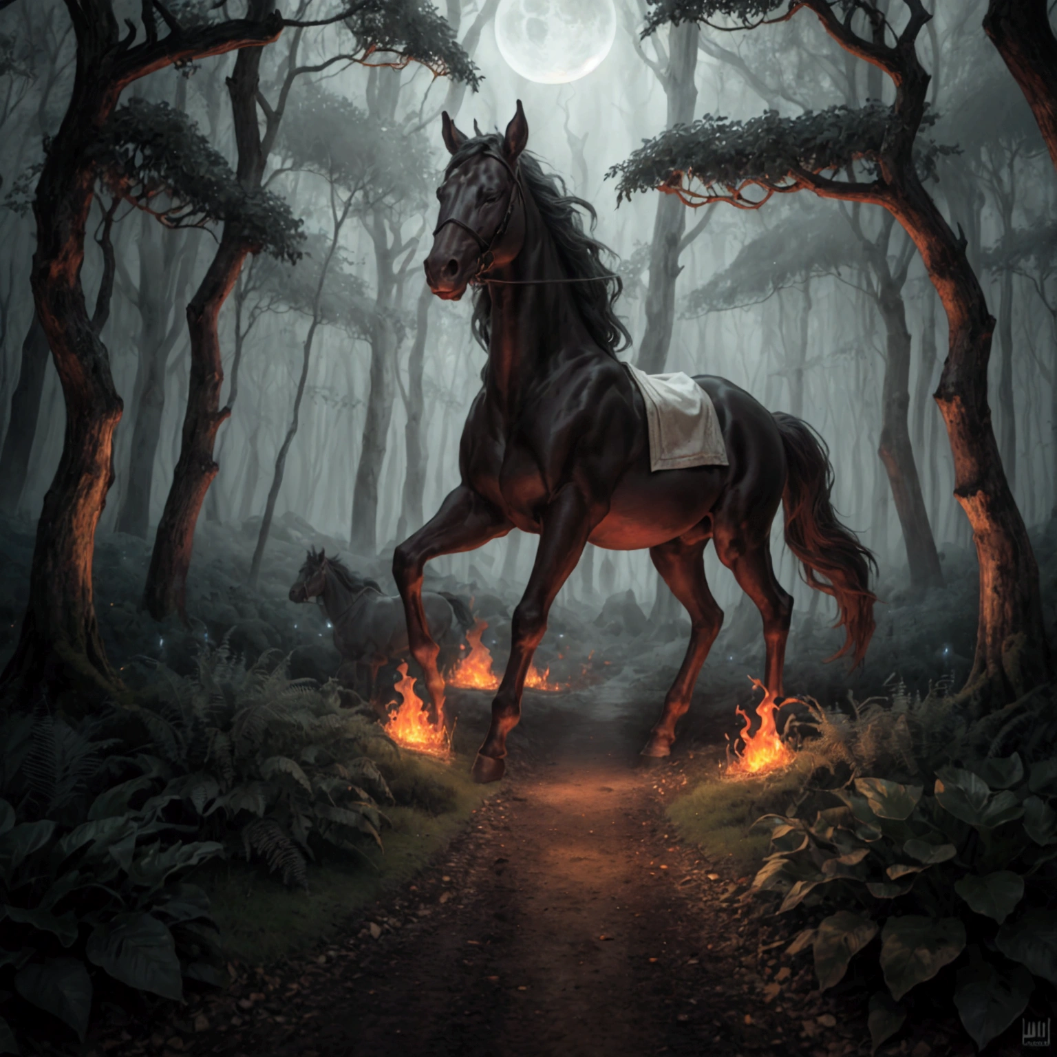 Terror, experimental, burning horse, Dark setting, macabre forest; Media: Dark avant-garde digital painting, HDR, ultra-detailed scene: Numa macabre forest envolta em escuridão, where moonlight barely pierces through the thick treetops, Uma cena de Terror se desenrola. The scenery is ominous and haunting, with an atmosphere of suspense and dread. Characters: in the center of the forest, There's an intimate scandal going on. Individuals, dressed in elaborate Victorian costumes, Embrace passionately. Their faces are lit up by the flickering flames of horses that are on fire., which creates a sinister and supernatural environment. Individuals' eyes reflect a mixture of fear, desire, and guilt, increasing the intensity of the scene. The whole scenery exudes an aura of enigmatic darkness. detaileds: The forest is dense and full of gnarled trees with twisted branches, Creating a maze effect. The ground is covered with dry, dead leaves and moss, rising to an eerie atmosphere. The horses, engulfed in flames, Gallop through the forest, casting long, burning shadows in your path, leaving a trail of destruction in its wake. Smoke rises from burning horses, forming sinister shapes that blend in with the dark environment. A macabre forest também é habitada por criaturas assombrosas, like twisted shadows, Invisible eyes peering out of the darkness, and whispers floating through the air. artistic style: The work should evoke a sense of horror and suspense, with elements of darkness and the macabre. It must be reminiscent of Gothic and Surrealist art, with a touch of Victorian aesthetics. The colors used should be deep and rich, with a predominance of dark tones, highlighting the strange atmosphere. The ilumination: The ilumination na cena é baixa e mal-humorada, with patches of moonlight filtering through dense foliage, casting long shadows that increase the sense of mystery and danger. The flames of the horses&#39; bodies