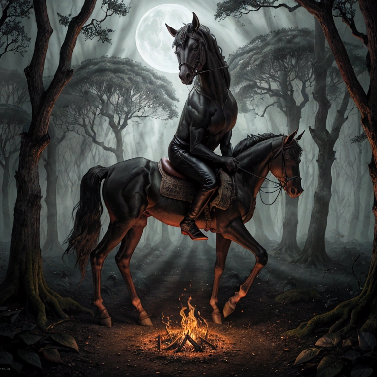 Terror, experimental, burning horse, Dark setting, macabre forest; Media: Dark avant-garde digital painting, HDR, ultra-detailed scene: Numa macabre forest envolta em escuridão, where moonlight barely pierces through the thick treetops, Uma cena de Terror se desenrola. The scenery is ominous and haunting, with an atmosphere of suspense and dread. Characters: in the center of the forest, There's an intimate scandal going on. Individuals, dressed in elaborate Victorian costumes, Embrace passionately. Their faces are lit up by the flickering flames of horses that are on fire., which creates a sinister and supernatural environment. Individuals' eyes reflect a mixture of fear, desire, and guilt, increasing the intensity of the scene. The whole scenery exudes an aura of enigmatic darkness. detaileds: The forest is dense and full of gnarled trees with twisted branches, Creating a maze effect. The ground is covered with dry, dead leaves and moss, rising to an eerie atmosphere. The horses, engulfed in flames, Gallop through the forest, casting long, burning shadows in your path, leaving a trail of destruction in its wake. Smoke rises from burning horses, forming sinister shapes that blend in with the dark environment. A macabre forest também é habitada por criaturas assombrosas, like twisted shadows, Invisible eyes peering out of the darkness, and whispers floating through the air. artistic style: The work should evoke a sense of horror and suspense, with elements of darkness and the macabre. It must be reminiscent of Gothic and Surrealist art, with a touch of Victorian aesthetics. The colors used should be deep and rich, with a predominance of dark tones, highlighting the strange atmosphere. The ilumination: The ilumination na cena é baixa e mal-humorada, with patches of moonlight filtering through dense foliage, casting long shadows that increase the sense of mystery and danger. The flames of the horses' bodies