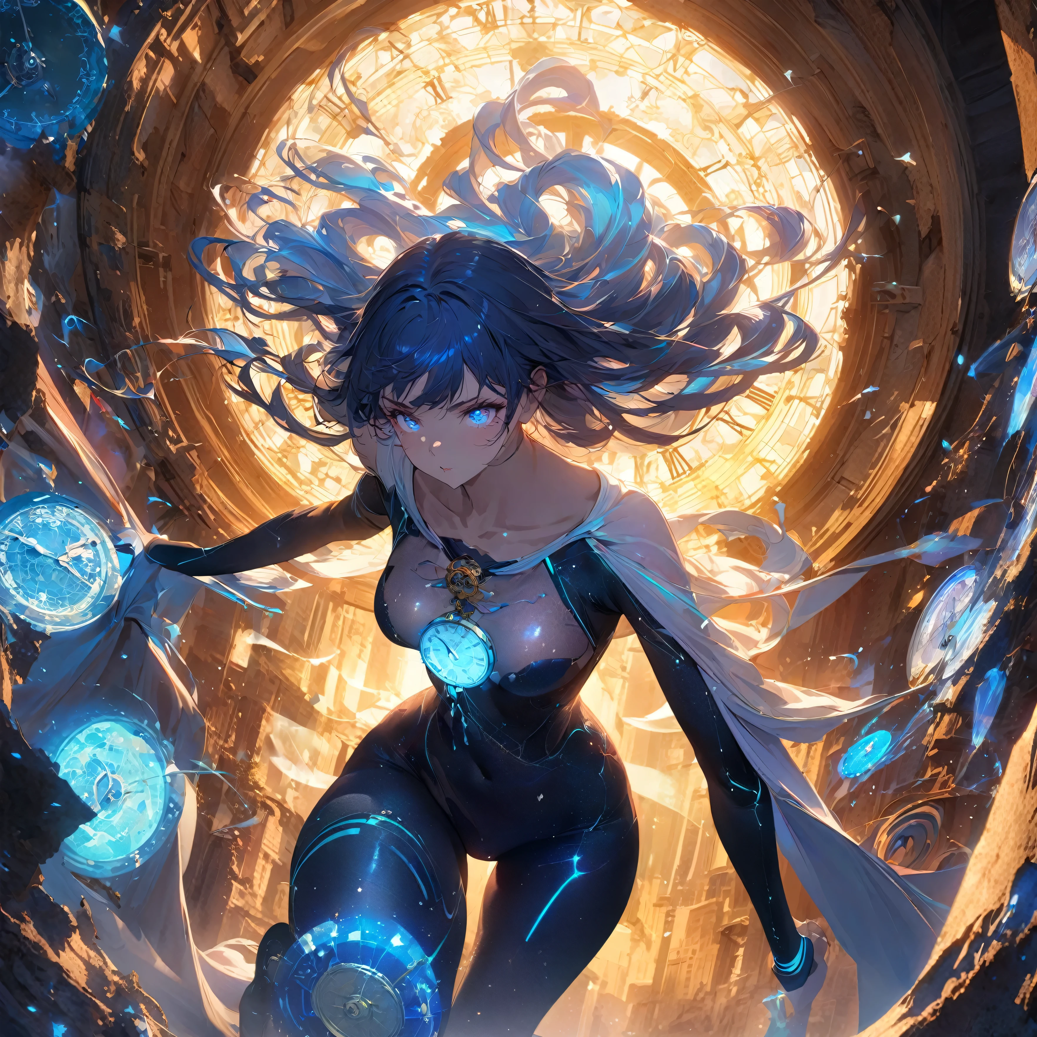 A determined and focused girl with a calm intensity in her eyes, (nude:0.8), slightly distant as if seeing through time. She has long, flowing hair with streaks of silver and blue that shimmer and change with the light. Her deep blue eyes have flecks of gold, symbolizing her connection to infinite timelines. She wears a form-fitting, high-tech bodysuit in shades of midnight blue and silver, adorned with clock gear and constellation patterns. In a dynamic, slightly crouched position, one foot forward as if stepping through a portal. Her right hand extends forward, fingers splayed and glowing with ethereal light, while her left hand cradles an antique pocket watch close to her chest. Surrounded by swirling, translucent time streams that shimmer with iridescent colors. The background is a swirling vortex of temporal energy, with fragments of ancient ruins, futuristic cities, and natural landscapes blending seamlessly. The colors are vibrant and constantly shifting, creating a surreal and timeless environment. She exudes confidence and mastery over her time-manipulating powers, with a semi-transparent, shifting cape trailing behind her, detailed gorgeous face| anime style| key visual| intricate detail| highly detailed| breathtaking| vibrant| panoramic| cinematic| Carne Griffiths| Conrad Roset| gibbli 8k