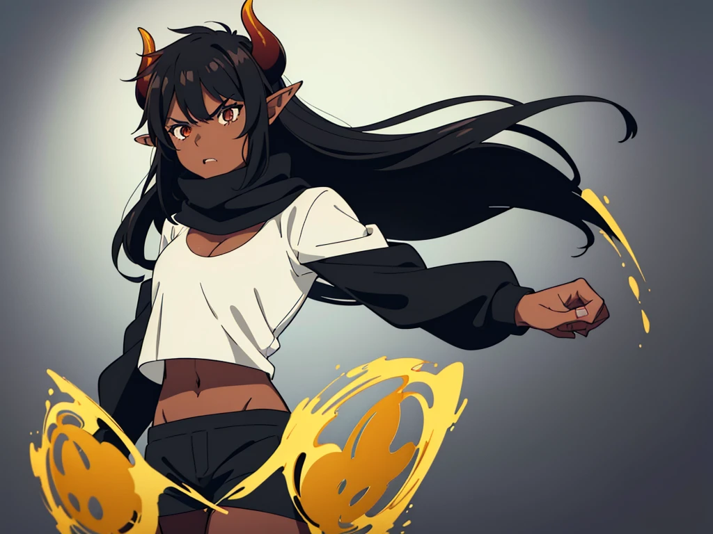 (1girl ,25s,adult,mature female,solo),long hair, black hair,horns,elf ears,((black scarf)),cleavage,(((dark skin))),(black sports bra,black sports shorts, midriff),(simple background),long sleeves,angry,pov,((looking at view,from front))