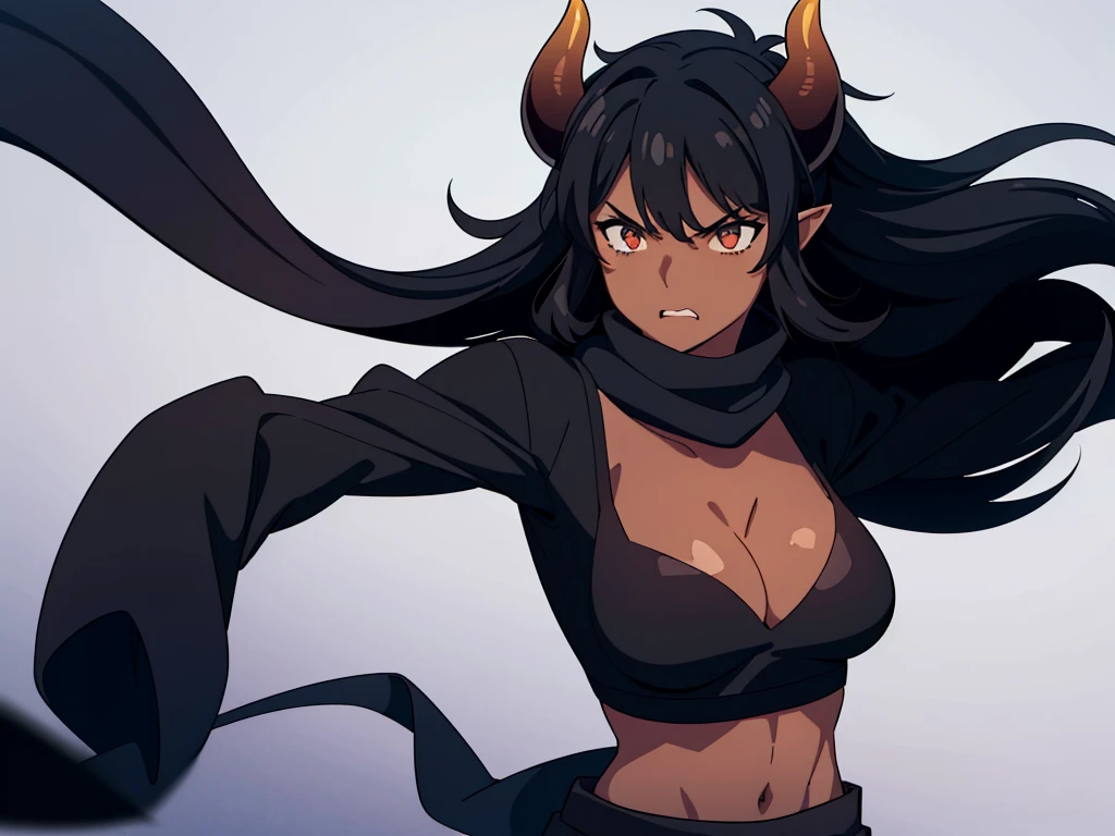 (1girl ,25s,adult,mature female,solo),long hair, black hair,horns,elf ears,((black scarf)),,(((dark skin))),(black sports ,black sports shorts, midriff),(simple background),long sleeves,angry,pov,((looking at view,from front))