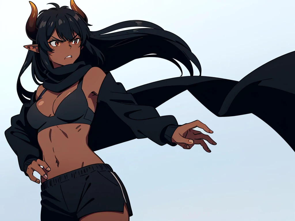 (1girl ,25s,adult,mature female,solo),long hair, black hair,horns,elf ears,((black scarf)),cleavage,(((dark skin))),(black sports bra,black sports shorts, midriff),(simple background),long sleeves,angry,pov,((looking at view,from front))