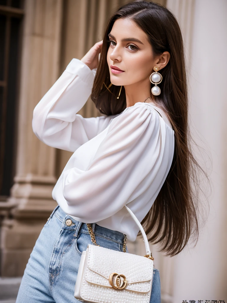 standing dark brunette , dark brown straight hair, light brown eyes, white blouse , open lilac coat,jeans ,Pearl Earring , white high heels , gucci white chic bag
