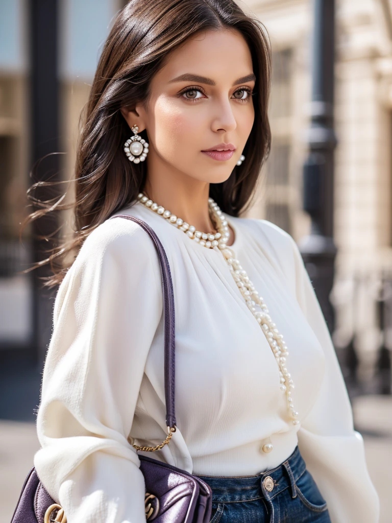  standing dark brunette , dark brown straight hair, light brown eyes, white blouse , open lilac coat,jeans ,Pearl Earring , white high heels , gucci white chic bag