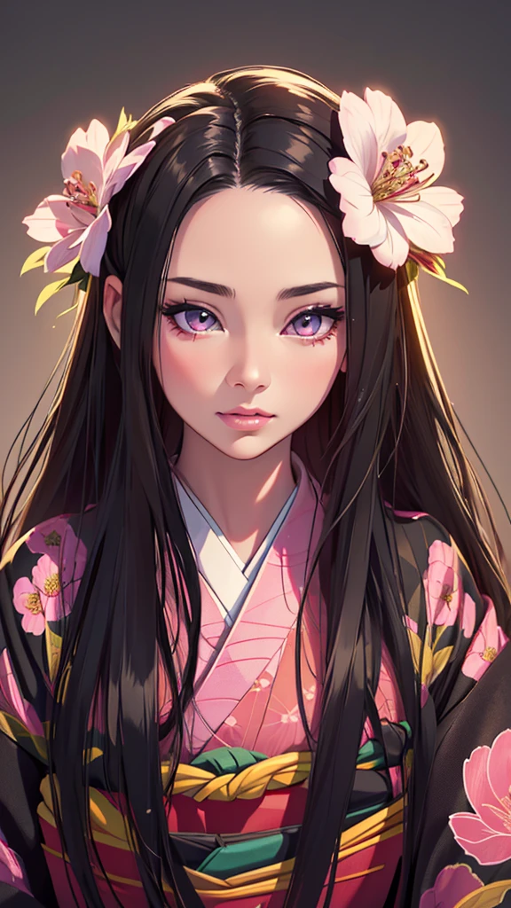 1girl, beautiful detailed eyes, beautiful detailed lips, extremely detailed face, long black hair, big pink cat eyes, wearing kimono, intricate detailed kimono, beautiful detailed kimono patterns, flower hair ornaments, (best quality,4k,8k,highres,masterpiece:1.2),ultra-detailed,(realistic,photorealistic,photo-realistic:1.37),digital painting, vibrant colors, soft lighting, warm color palette