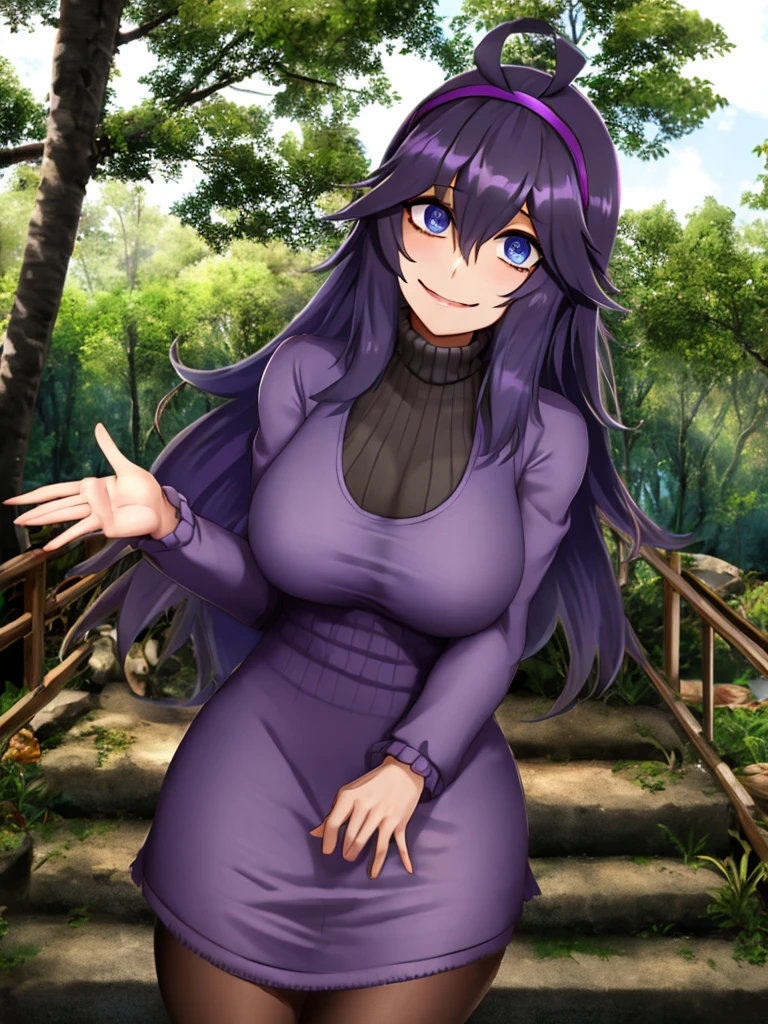 ((miranda, full nudeの)),1 girl, 一人in, length_hair, looking_in_viewer, blush, Open_mouth, 前hair, green_eye, upper_body, ponytail, purple_hair, siderock, outdoors, blurry, wood, forest, ((full nude)),(turn your arms behind your back:1.6), (show off my pussy, genuine, In detail), (organize:1.5), (pussy juice:1.8), (lying down, Spread your legs in an M shape, lift your hips), (looking at the viewer:1.3), smile,