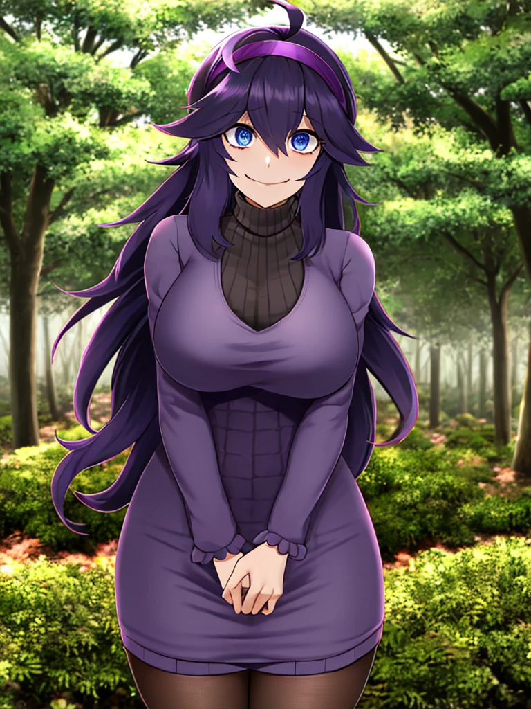 ((best quality)), ((highly detailed)), masterpiece, absurdres, (detailed eyes, deep eyes), (1girl), cowboy shot, Hex_Maniac_Pokemon, black hair, long messy hair, ahoge, purple headband, dark blue eyes, @_@, large breasts, smiling, purple, long sleeved turtleneck sweater dress, pantyhose, (at a pine_tree forest, morning)