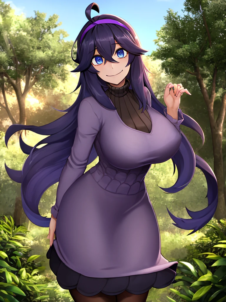 ((best quality)), ((highly detailed)), masterpiece, absurdres, (detailed eyes, deep eyes), (1girl), cowboy shot, Hex_Maniac_Pokemon, black hair, long messy hair, ahoge, purple headband, dark blue eyes, @_@, large breasts, smiling, purple, long sleeved turtleneck sweater dress, pantyhose, (at a pine_tree forest, morning)