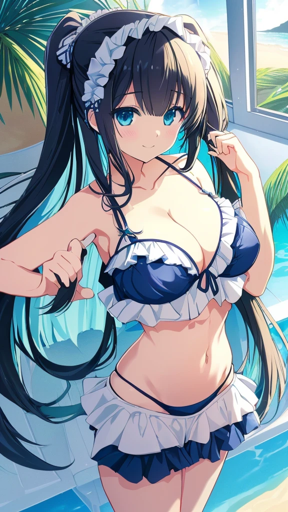 best quality, extremely detailed,anime style girl,long hair down to the waist, straight hair, dark black hair with bluish,twin tail,beautiful detailed eyes, pinched eyes, dark blue eyes,huge breasts,curvy,((cutie light blue and green frill Bikini)),hair ornament,beach side Luxurious room,smile,((active pose))