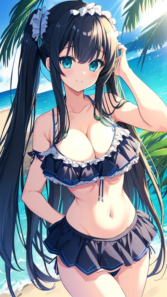 best quality, extremely detailed,anime style girl,long hair down to the waist, straight hair, dark black hair with bluish,twin tail,beautiful detailed eyes, pinched eyes, dark blue eyes,huge breasts,curvy,((cutie light blue and green frill Bikini)),hair ornament,beach side Luxurious room,smile,((active pose))