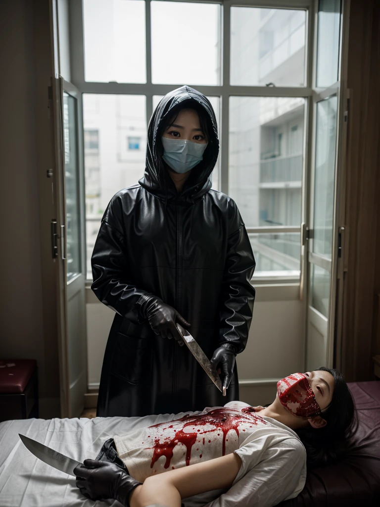 korean girl, (behind corpse, surgical mask), blood splatter, holding knife, stabbing, leather gloves, room full of blood, black raincoat, hood up, holding knife, leather gloves, behind corpse, night, mass murderer, robbery, in the hotel, light from the window