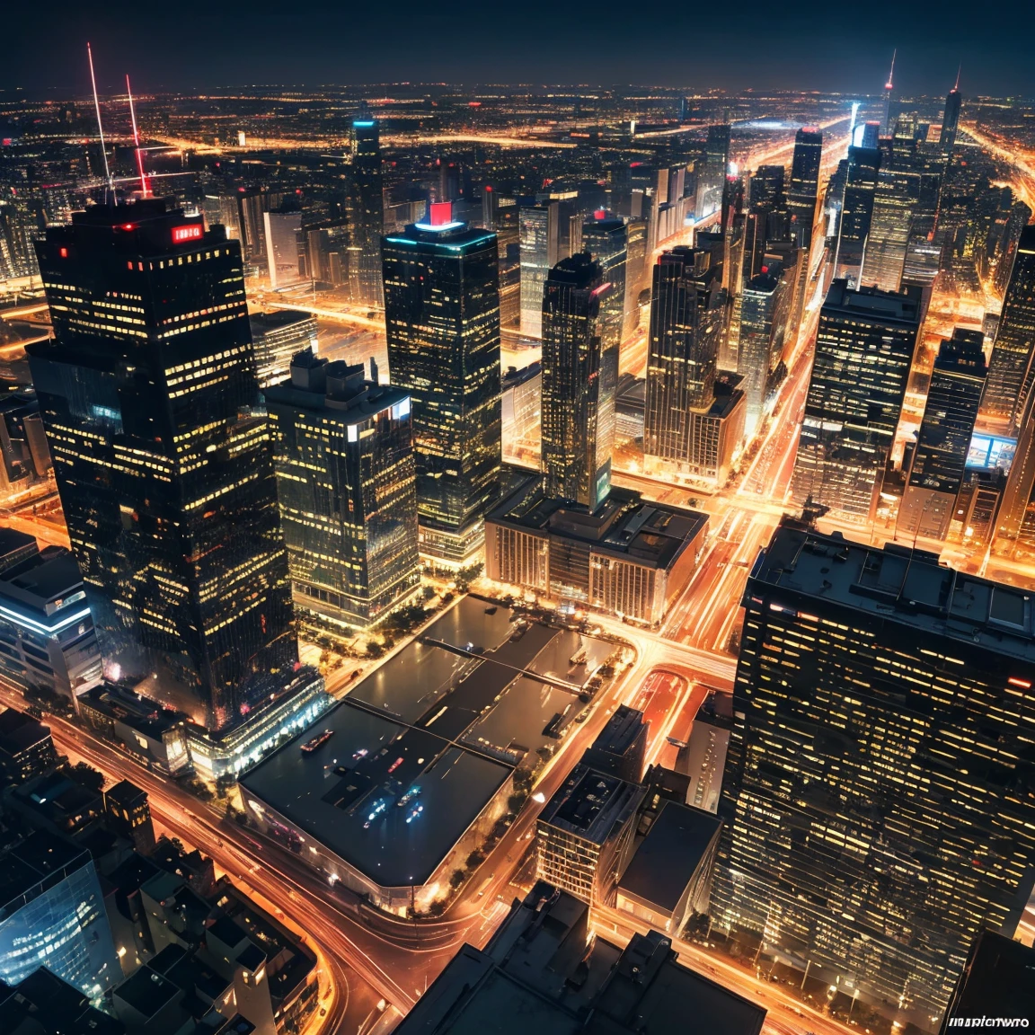 View from the airship cabin, Night view of skyscrapers, (Ultra-high resolution,8K),Fantasy, The world of picture books, (Highest quality), Super detailed, Outstanding Image, (Photorealistic)