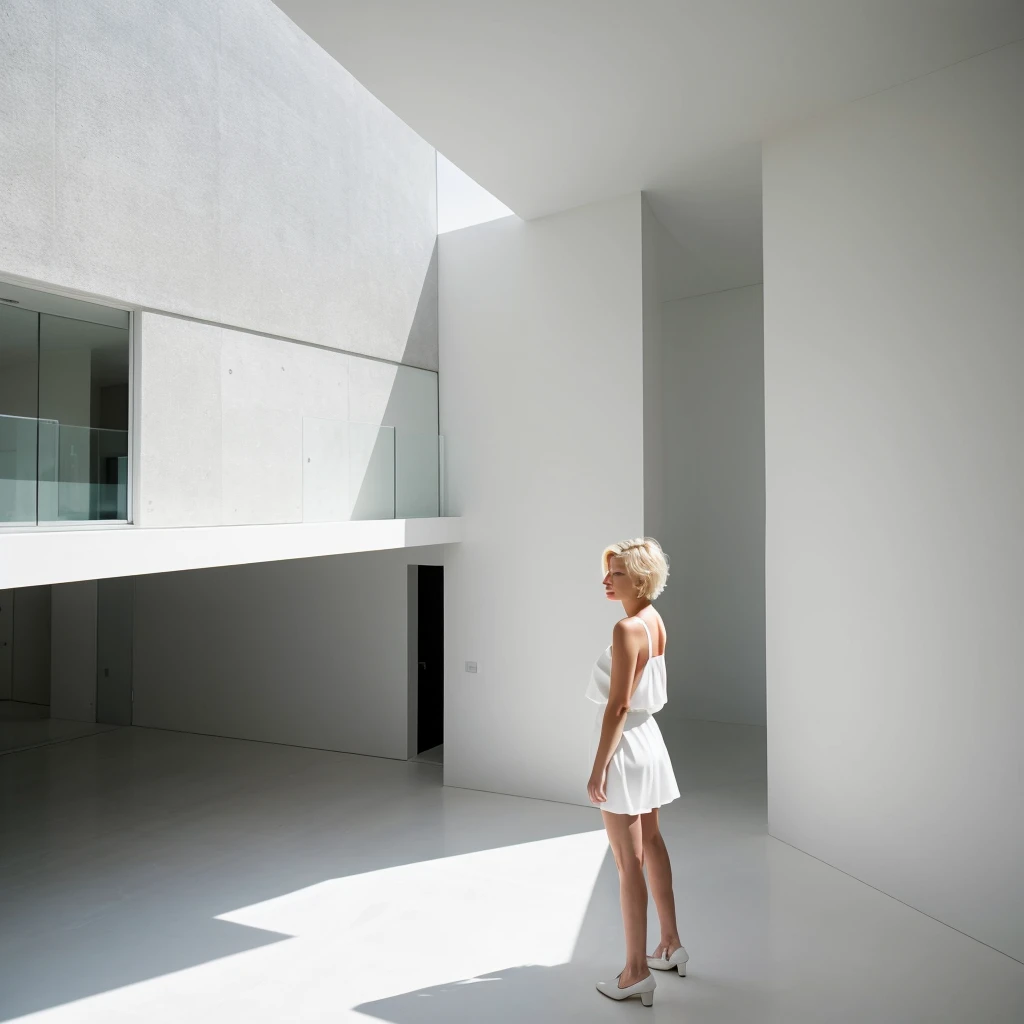 a beautiful short blonde hair women stands back the background of a minimalist beautiful white architecture