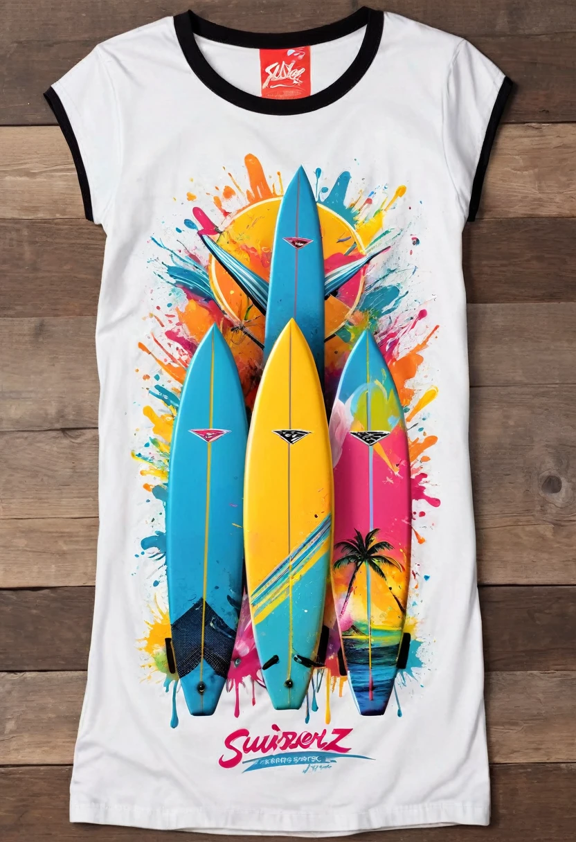 A t-shirt featuring vector art of a colorful illustration of two crossed surfboards, At the center, swirly vibrant colors, paint splashes and smears, high détail, t-shirt designs
(artwork, best quality, proffesional, perfect composition, very aesthetic, absurdrez, super verbose, Intricate details:1.3)