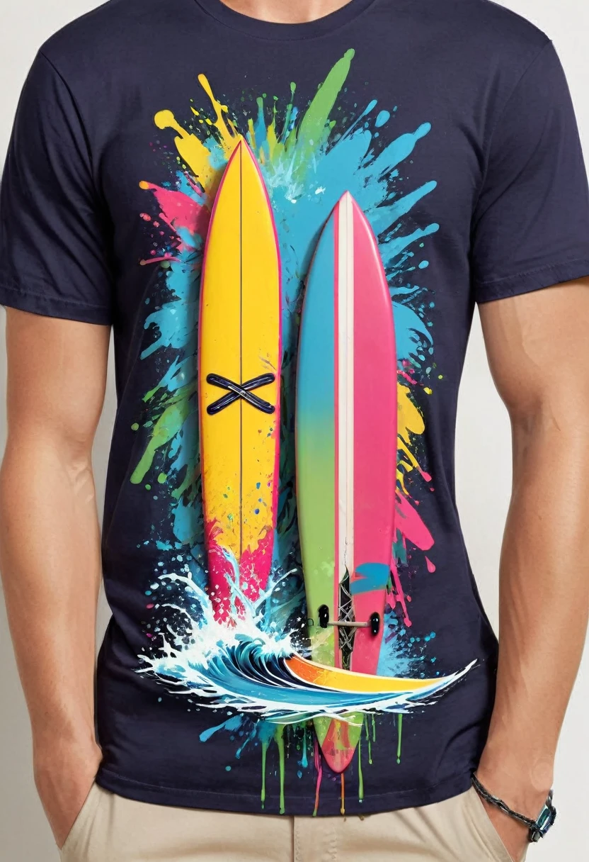A t-shirt featuring vector art of a colorful illustration of two crossed surfboards, At the center, swirly vibrant colors, paint splashes and smears, high détail, t-shirt designs
(artwork, best quality, proffesional, perfect composition, very aesthetic, absurdrez, super verbose, Intricate details:1.3)